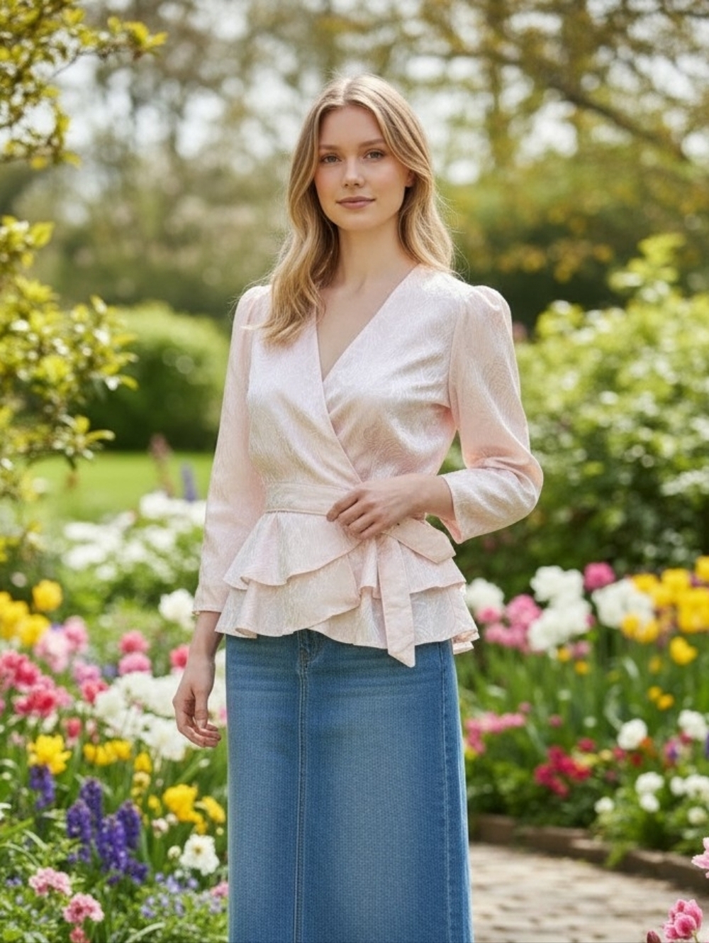 Vintage Icy Pink Wrap Peplum Blouse with Belt And Ruffle Tiers